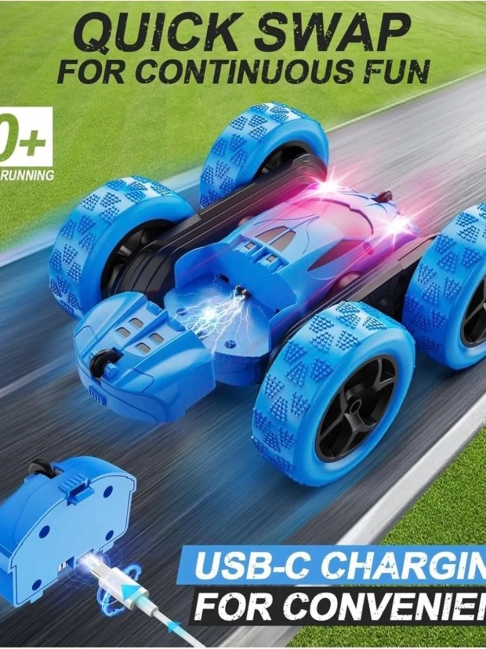4WD Remote Control Stunt Car for Kids 360° Flips LED Lights 2.4GHz RC Toy USB-C